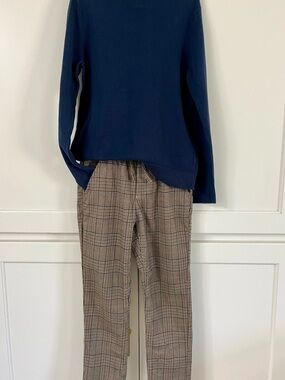 H&M Boys Navy Lightweight Sweater and Tan Plaid Pants Set